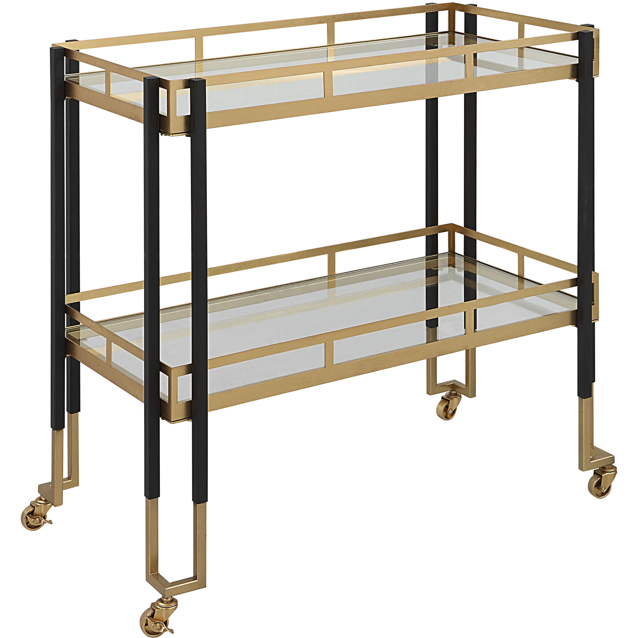 Kentmore Matte Black and Brushed Gold with Clear Glass Bar Cart
