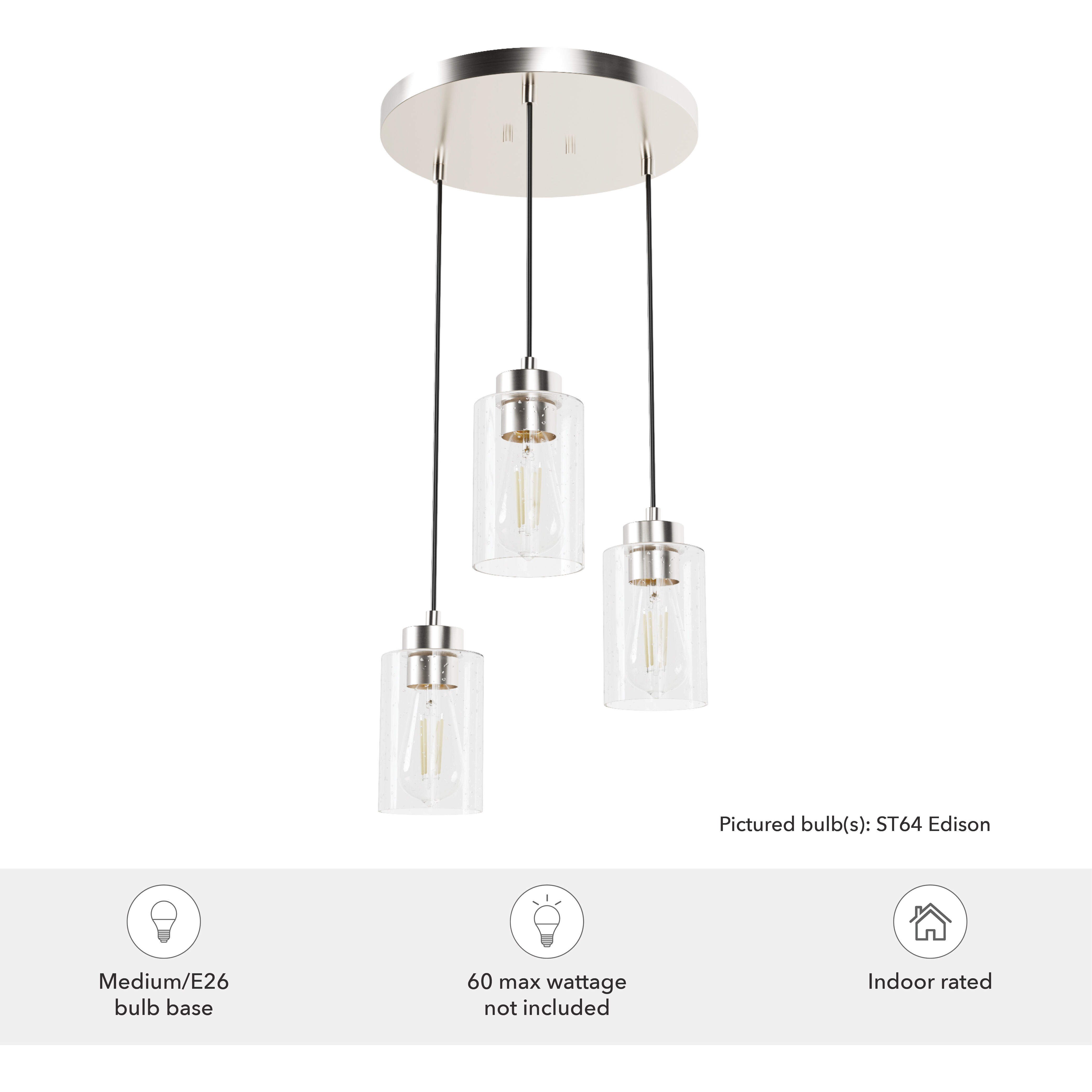 Hartland 3 Light 13.75 inch Brushed Nickel Round Cluster Pendant Ceiling Light, Medium