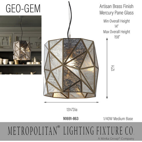Geo-Gem 1 Light 13.2 inch Brass Antique Mini Pendant Ceiling Light