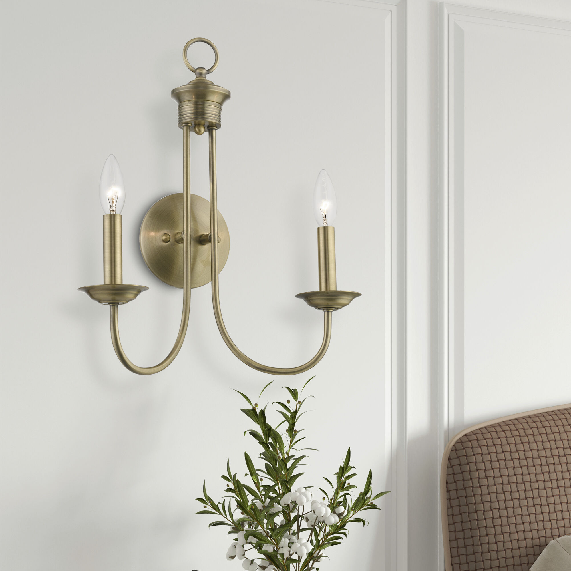 Estate 2 Light 14 inch Antique Brass Double Sconce Wall Light