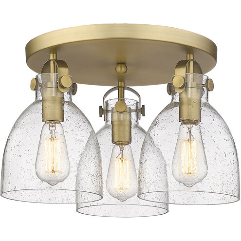 Newton Bell 3 Light 19.63 inch Brushed Brass Flush Mount Ceiling Light in Seedy Glass