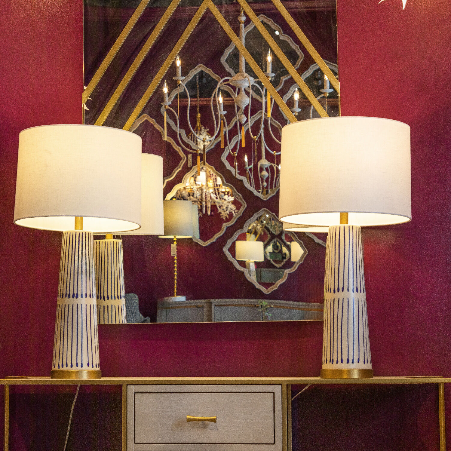 Sophie 29.25 inch Navy and Cream Hand-Painted Ceramic / Antique Brass Table Lamp Portable Light