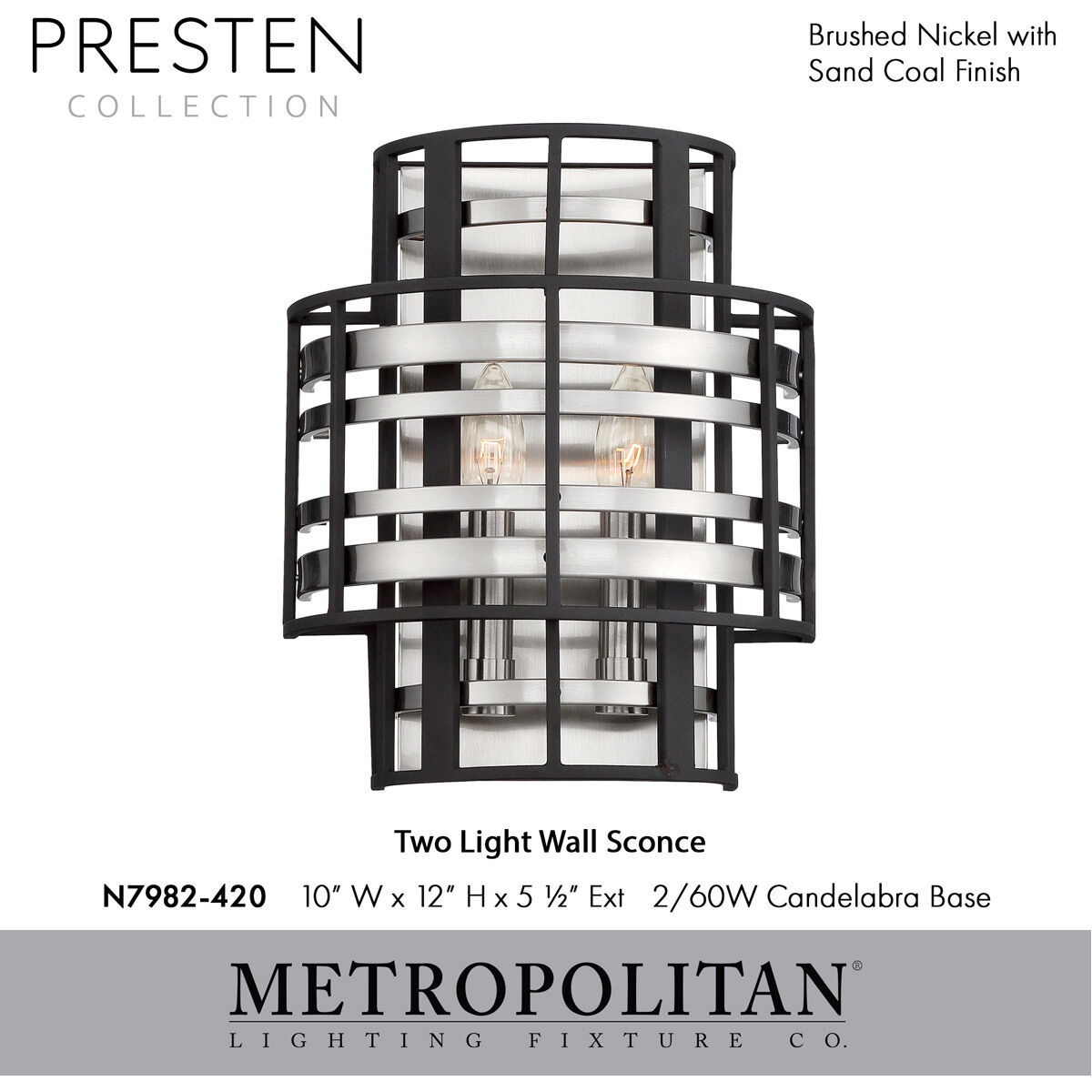 Presten 2 Light 10 inch Brushed Nickel with Sand Coal Wall Sconce Wall Light
