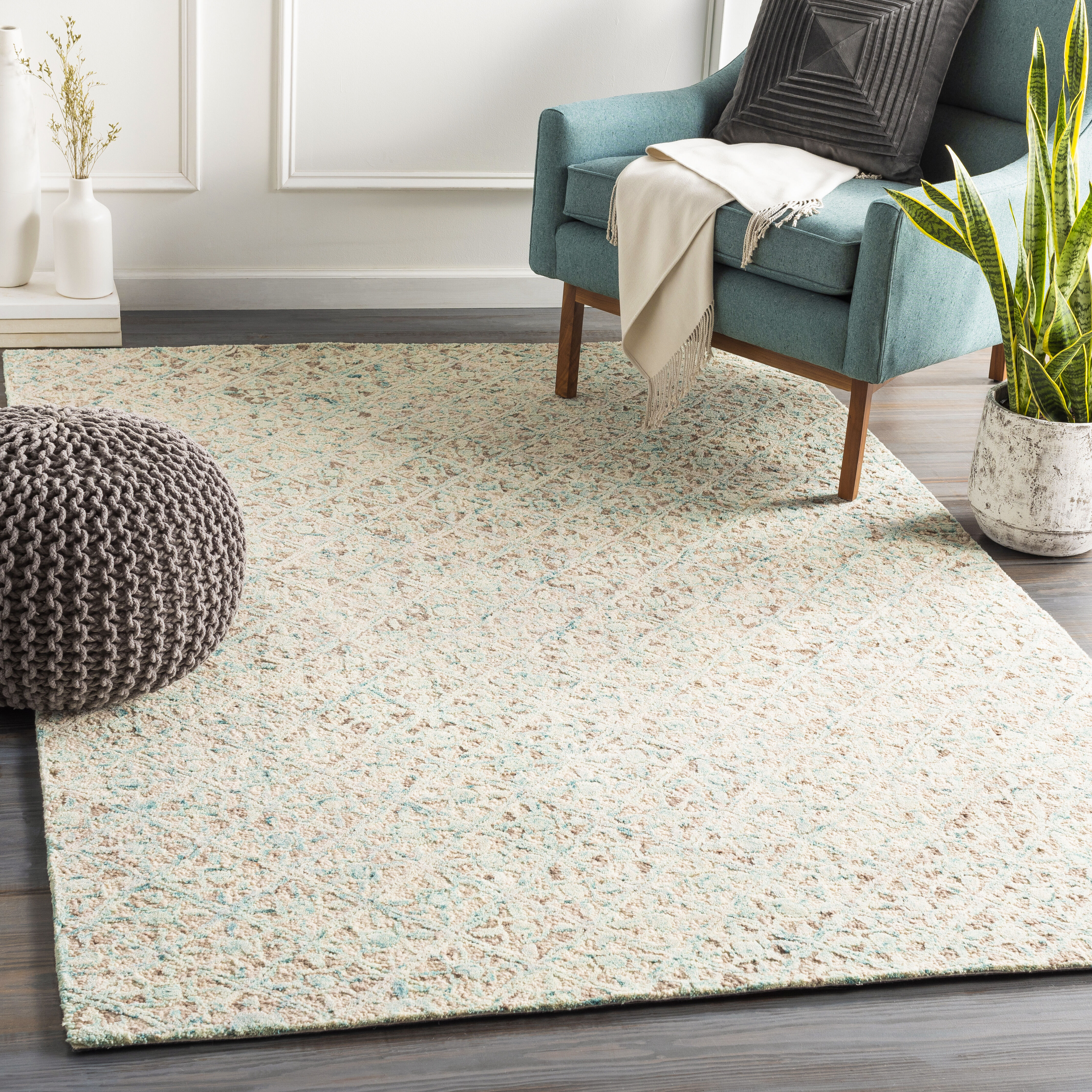 Avon 120 X 96 inch Light Sage/Blue/Beige/Brown Handmade Rug in 8 x 10, Rectangle