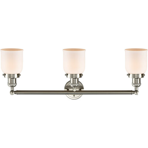 Franklin Restoration Small Bell 3 Light 30 inch Brushed Satin Nickel Bath Vanity Light Wall Light in Matte White Glass, Franklin Restoration