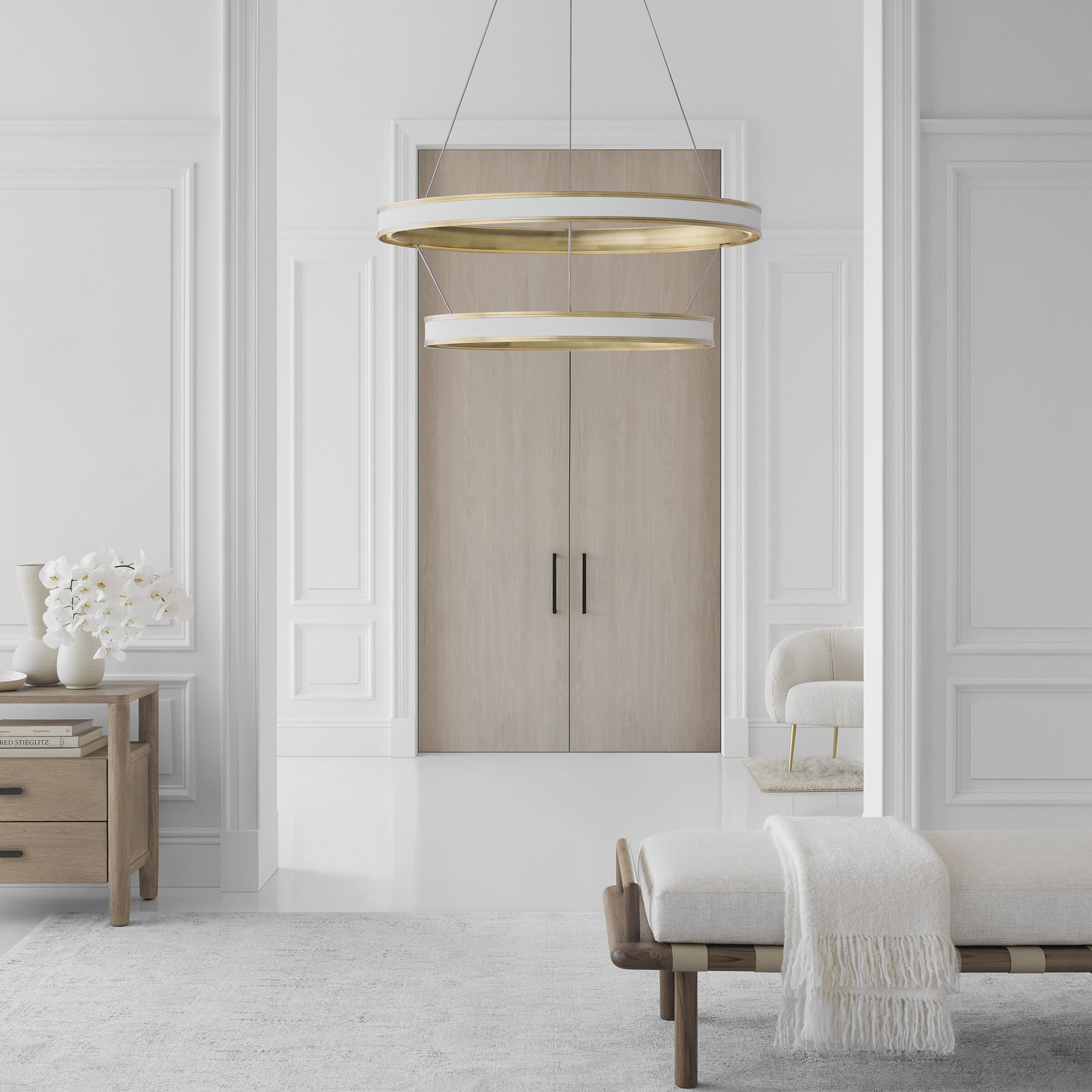 Chapman & Myers Connery LED 40 inch Matte White and Antique-Burnished Brass Ring Chandelier Ceiling Light