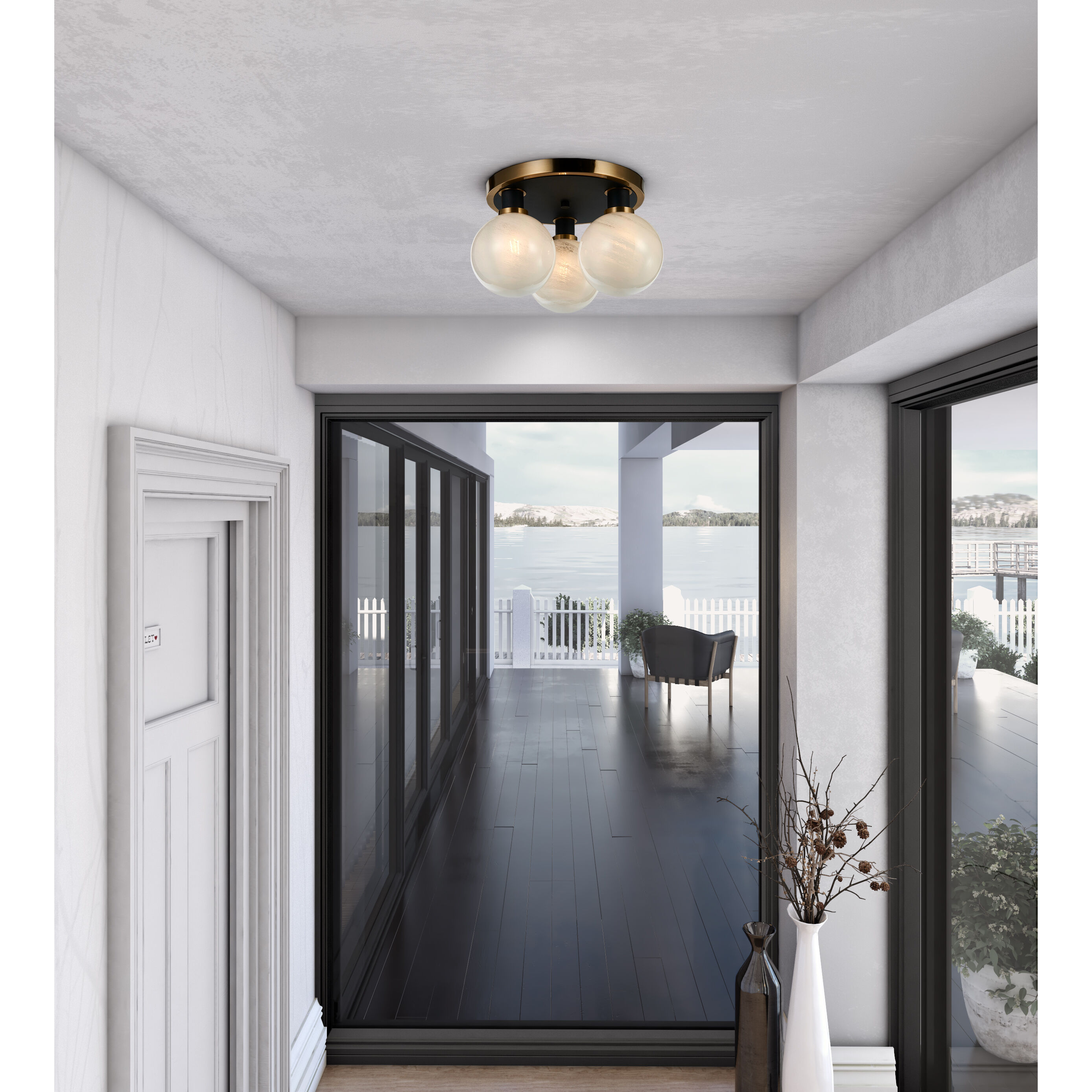 Gem LED 14.5 inch Black and Brushed Brass Semi-Flush Mount Ceiling Light in Glossy Textured White