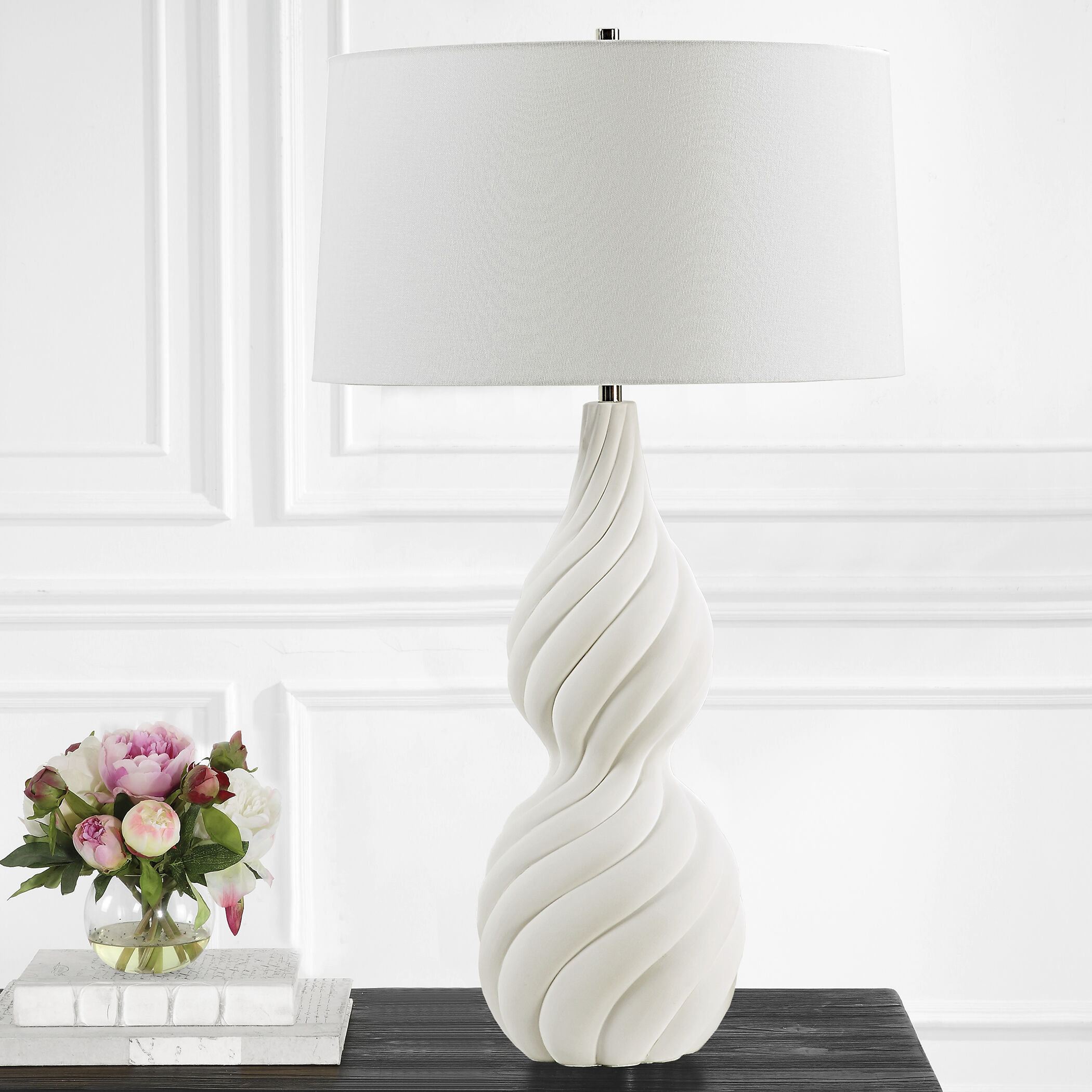 Twisted Swirl 32 inch 150.00 watt Textured Chalk White Glaze and Polished Nickel Table Lamp Portable Light