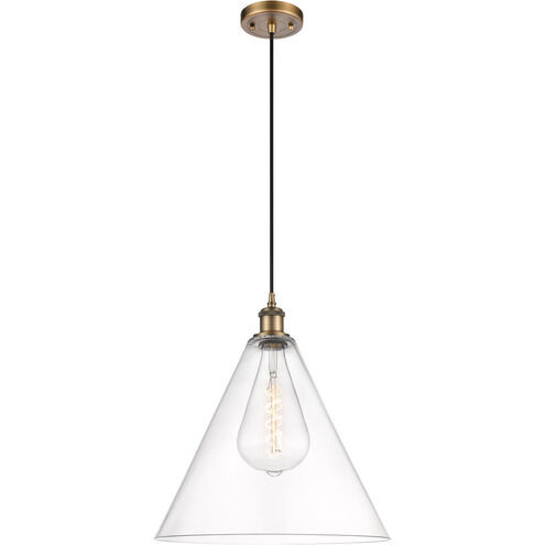 Ballston Cone LED 16 inch Brushed Brass Pendant Ceiling Light in Clear Glass, Black Textured