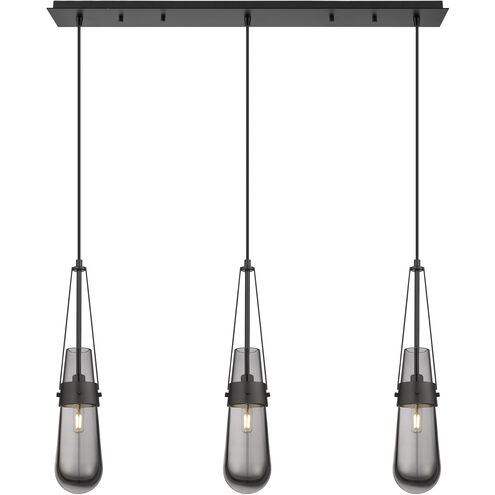 Milan 3 Light 36.13 inch Matte Black Linear Pendant Ceiling Light in Light Smoke Glass