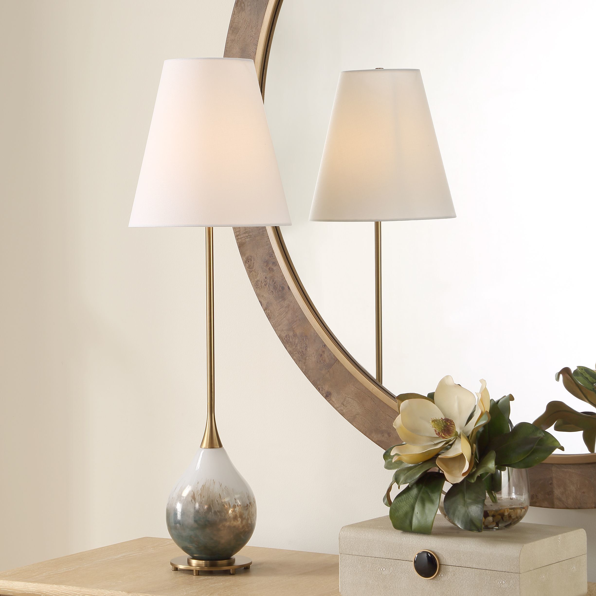 Cardoni 34.5 inch 100 watt Gloss White Glass with Metallic Smoked Bronze and Antique Brass Buffet Lamp Portable Light