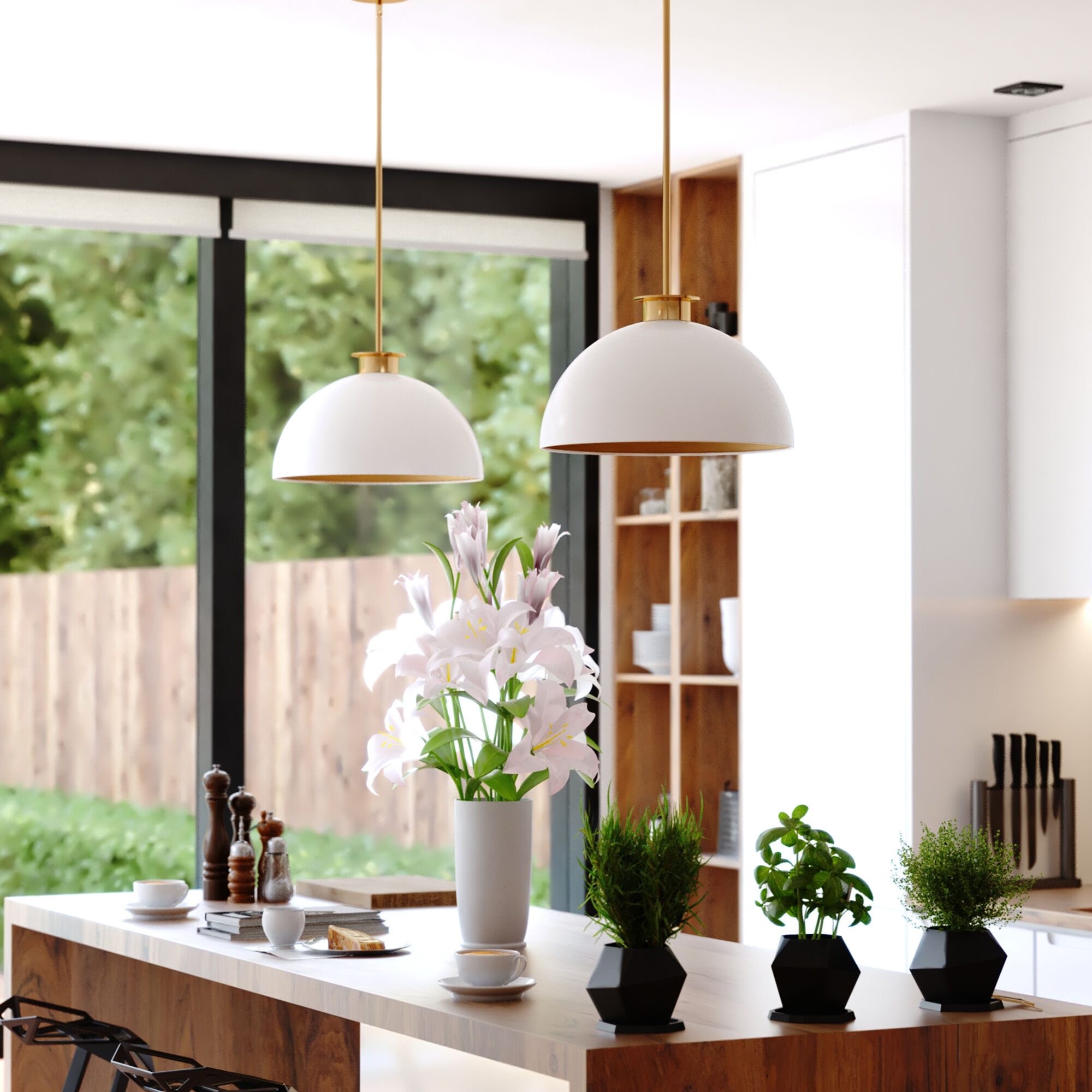 Devon LED 15.75 inch Glossy White and Satin Brass Pendant Ceiling Light