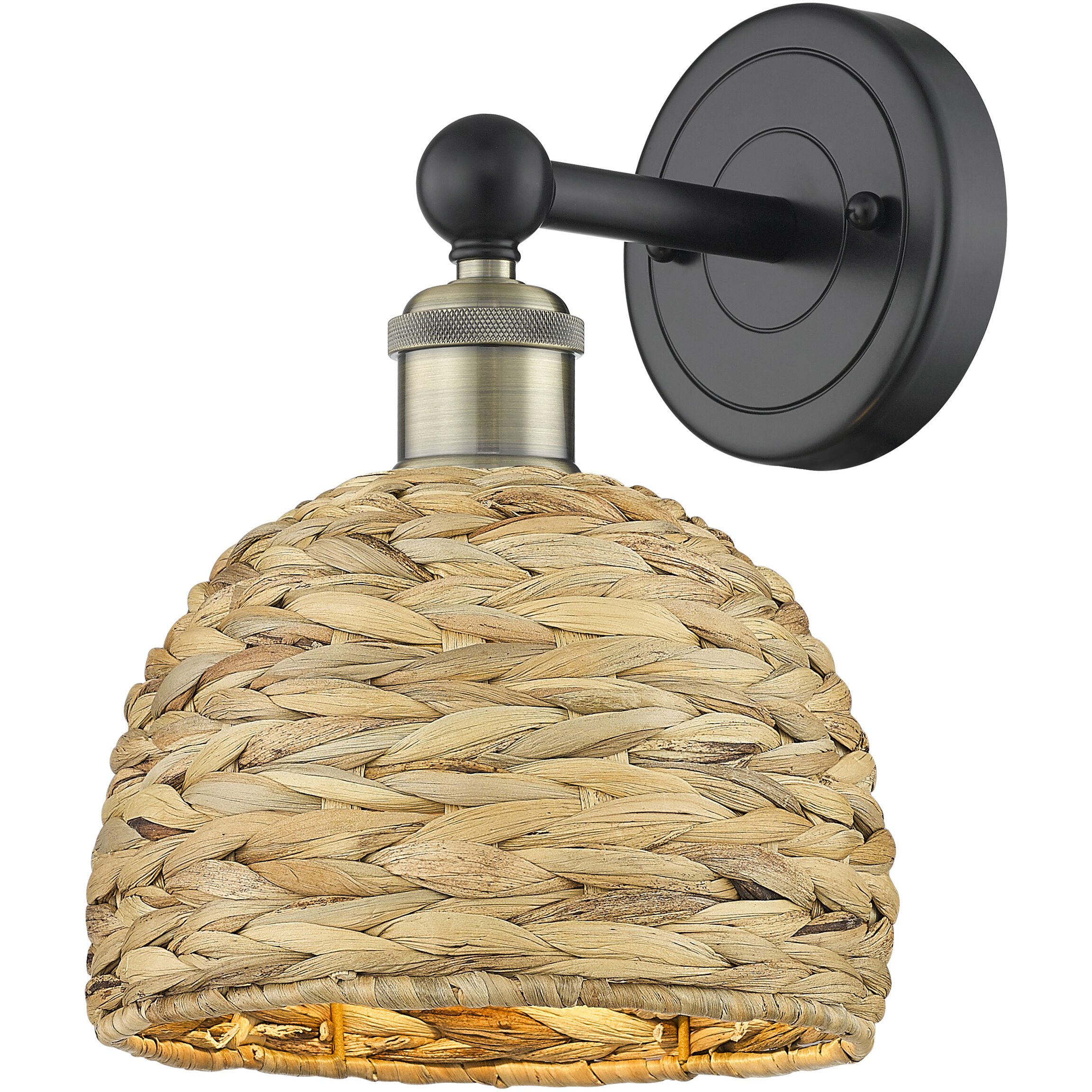 Edison Woven Rattan Armed Sconce Wall Light in Black Antique Brass
