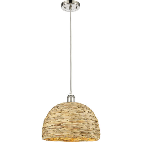 Woven Rattan 1 Light 12 inch Polished Nickel Pendant Ceiling Light