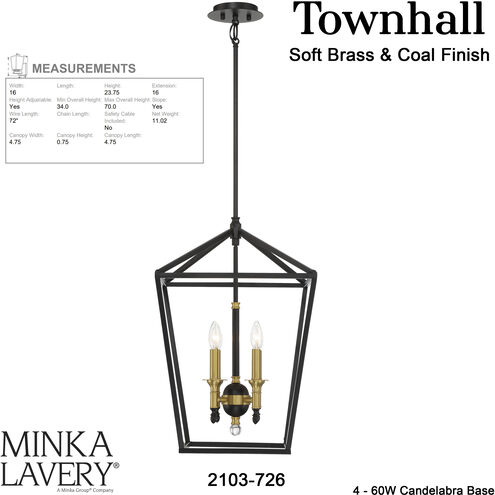 Townhall 4 Light 16 inch Coal/Soft Brass Pendant Ceiling Light