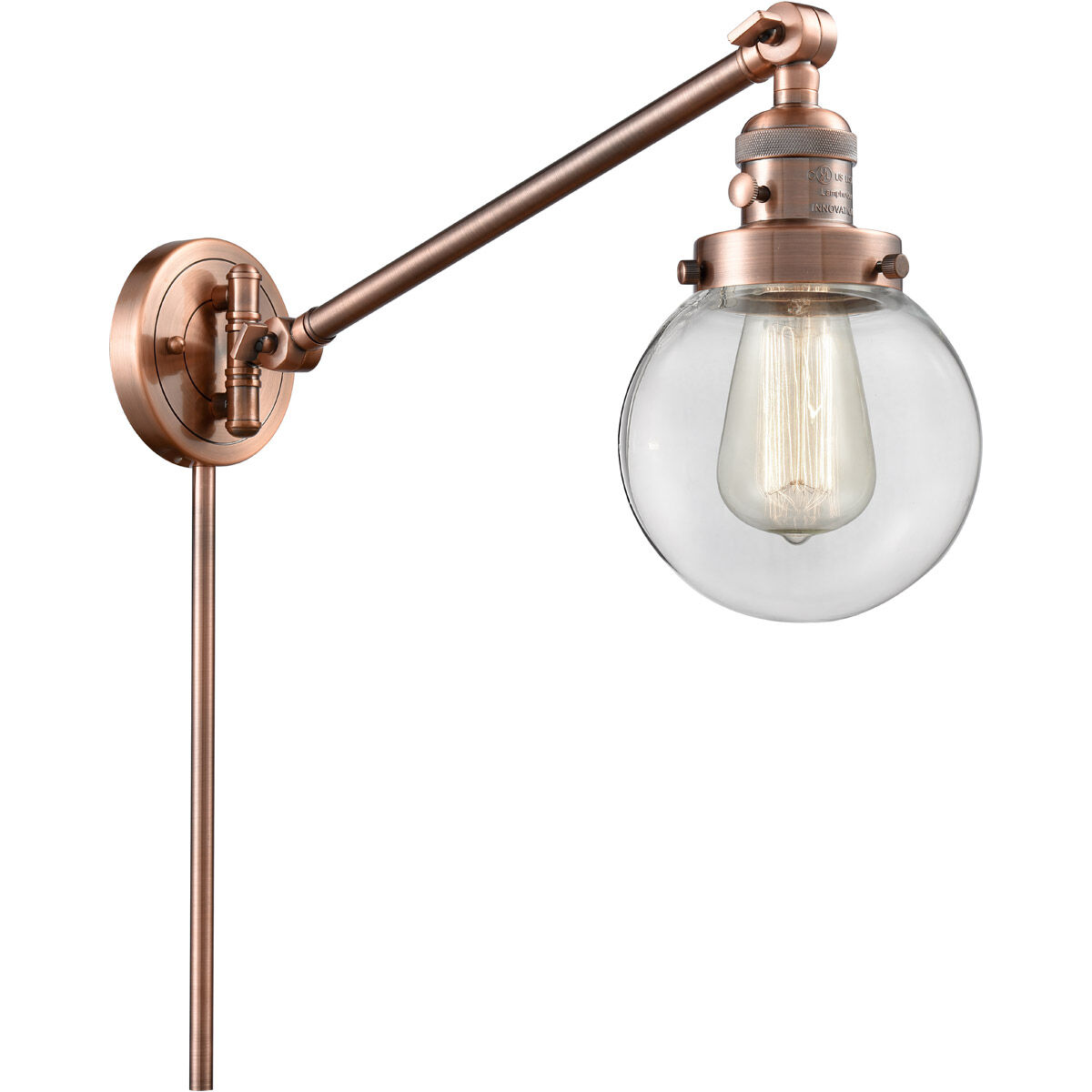 Beacon 21 inch 100 watt Antique Copper Swing Arm Wall Light in Clear Glass, Franklin Restoration