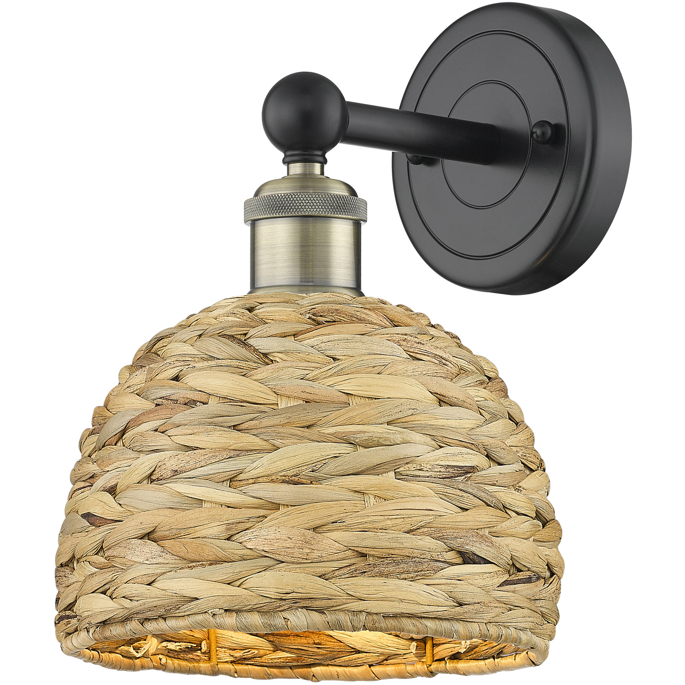 Edison Woven Rattan Armed Sconce Wall Light in Black Antique Brass