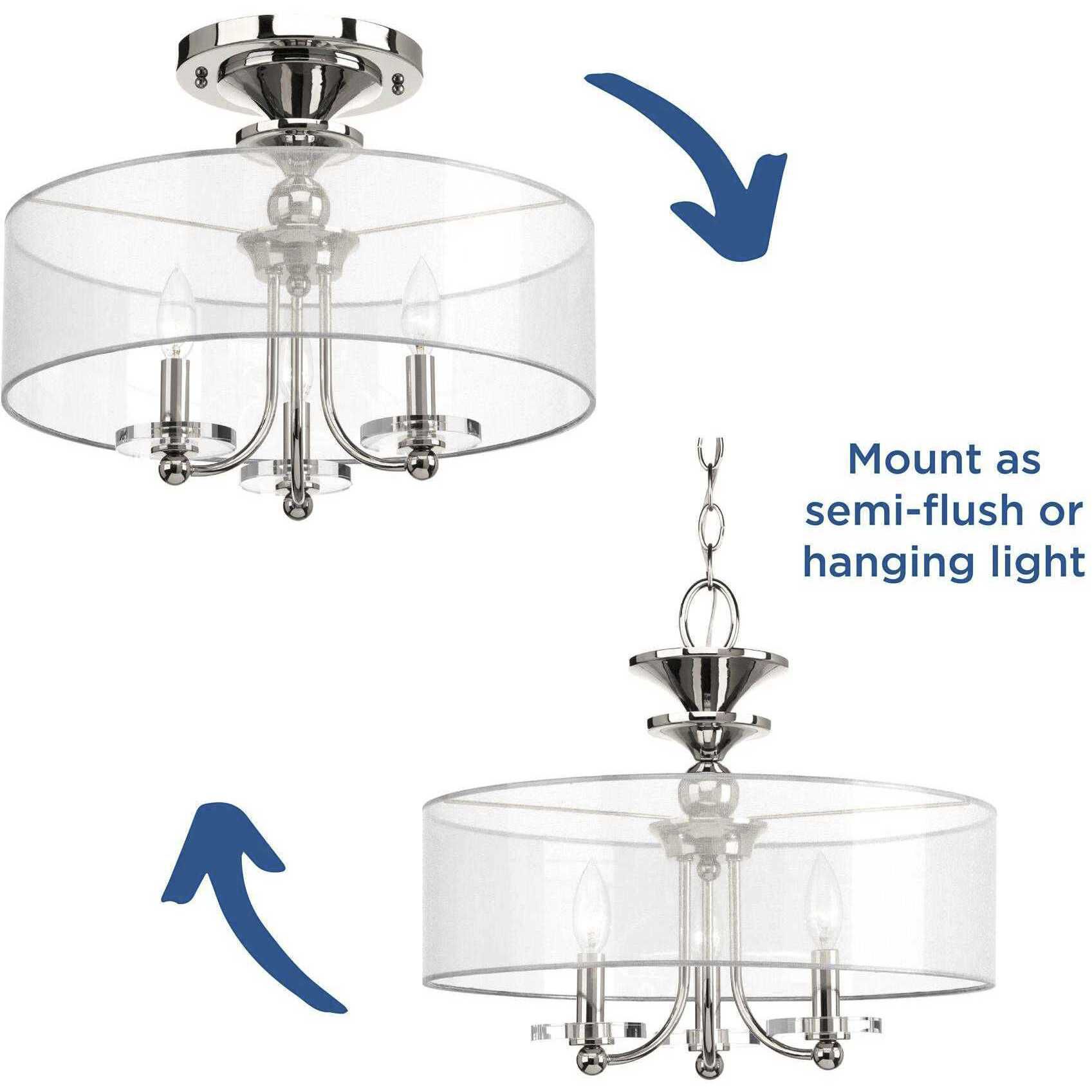 Marche 3 Light 18 inch Polished Nickel Semi-Flush Mount Convertible Ceiling Light, Design Series