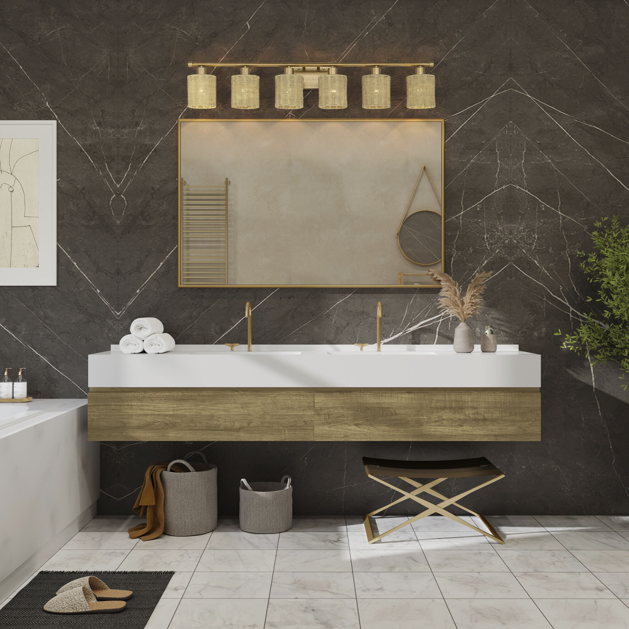 Weavington 6 Light 46 inch Antique Gold Leaf Vanity Wall Sconce Wall Light