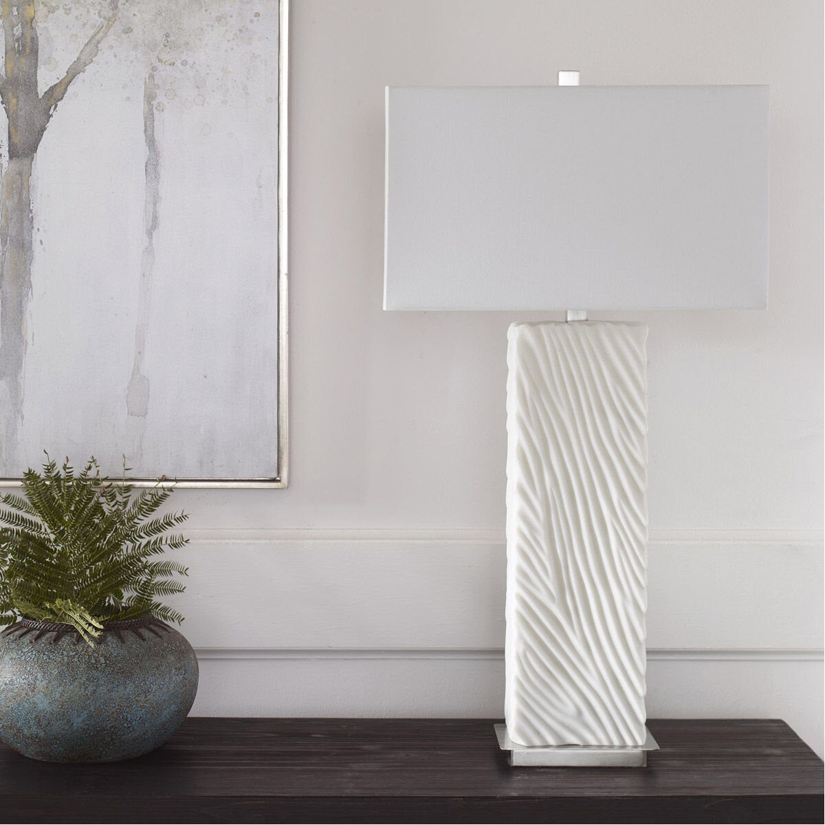 Pillar 32 inch 150.00 watt Granulated White Marble and Brushed Nickel Table Lamp Portable Light