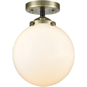 Nouveau Large Beacon LED 8 inch Black Antique Brass Semi-Flush Mount Ceiling Light in Matte White Glass, Nouveau