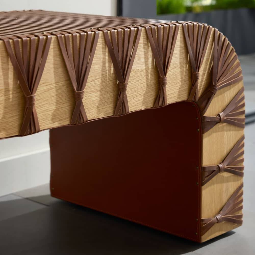 Hutchins Deep Russet Leather and Natural Oak with Antique Brass Bench