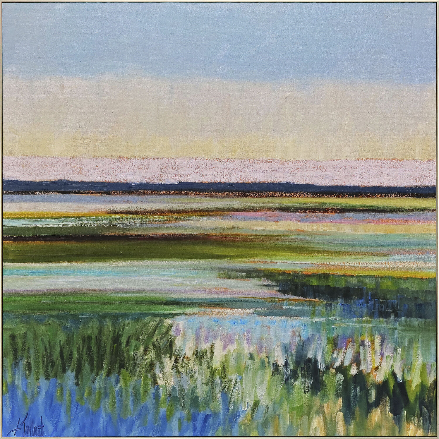 Waterside Blue and Green and Pink and Yellow Framed Art