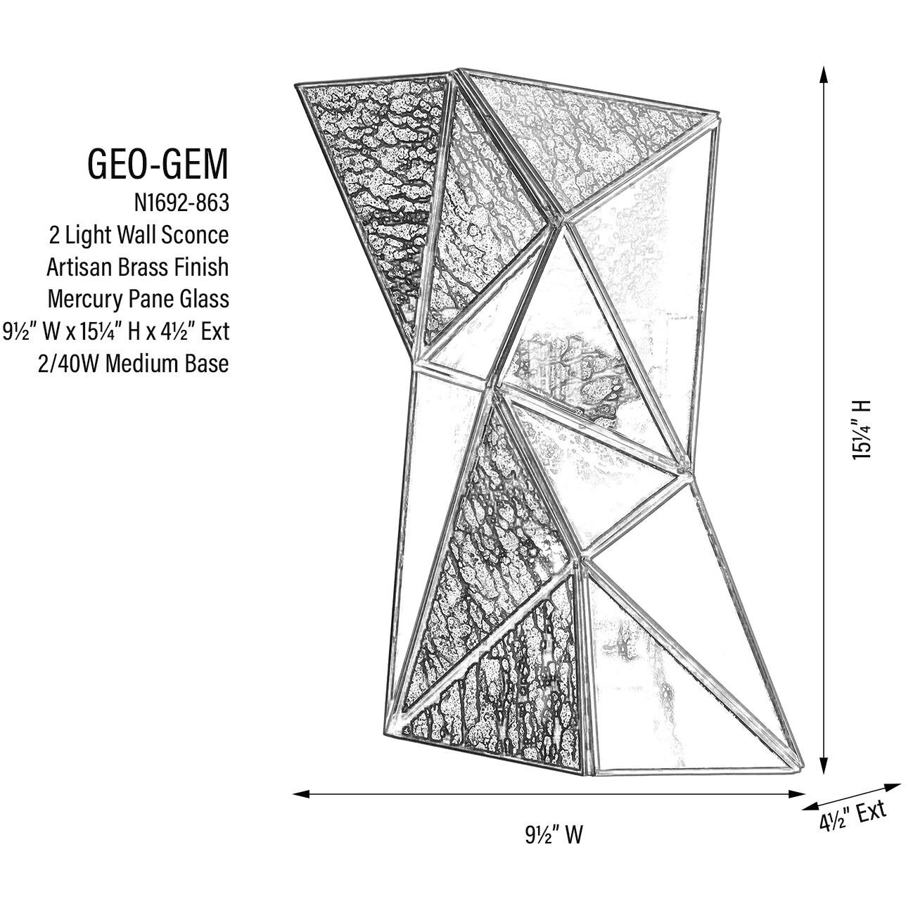 Geo-Gem 2 Light 9.5 inch Brass Antique Wall Sconce Wall Light