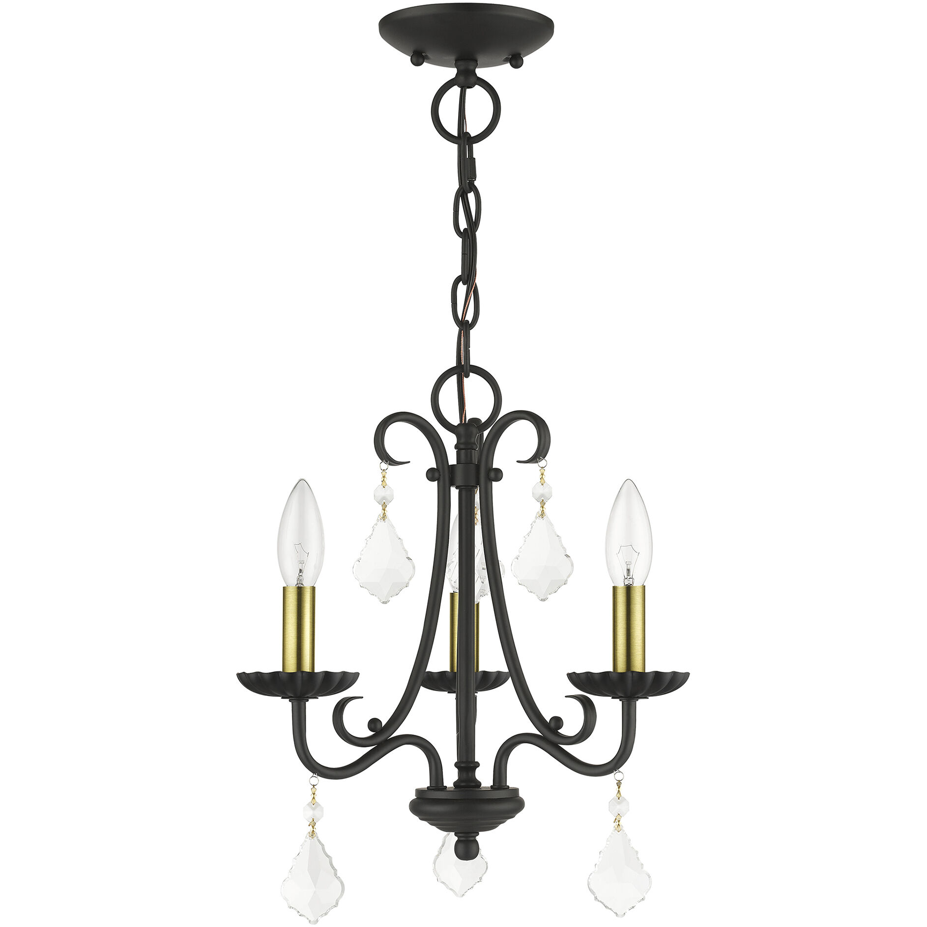 Daphne 3 Light 13.88 inch Black with Antique Brass Finish Accents Mini Chandelier Ceiling Light in Black with Antique Brass Accents