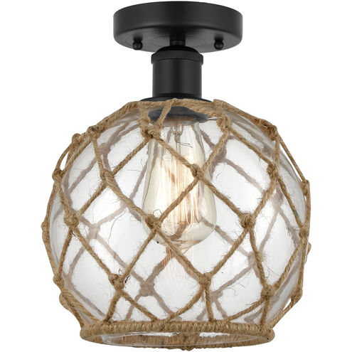 Edison Farmhouse Rope 1 Light 8 inch Matte Black Semi-Flush Mount Ceiling Light in Clear Glass with Brown Rope