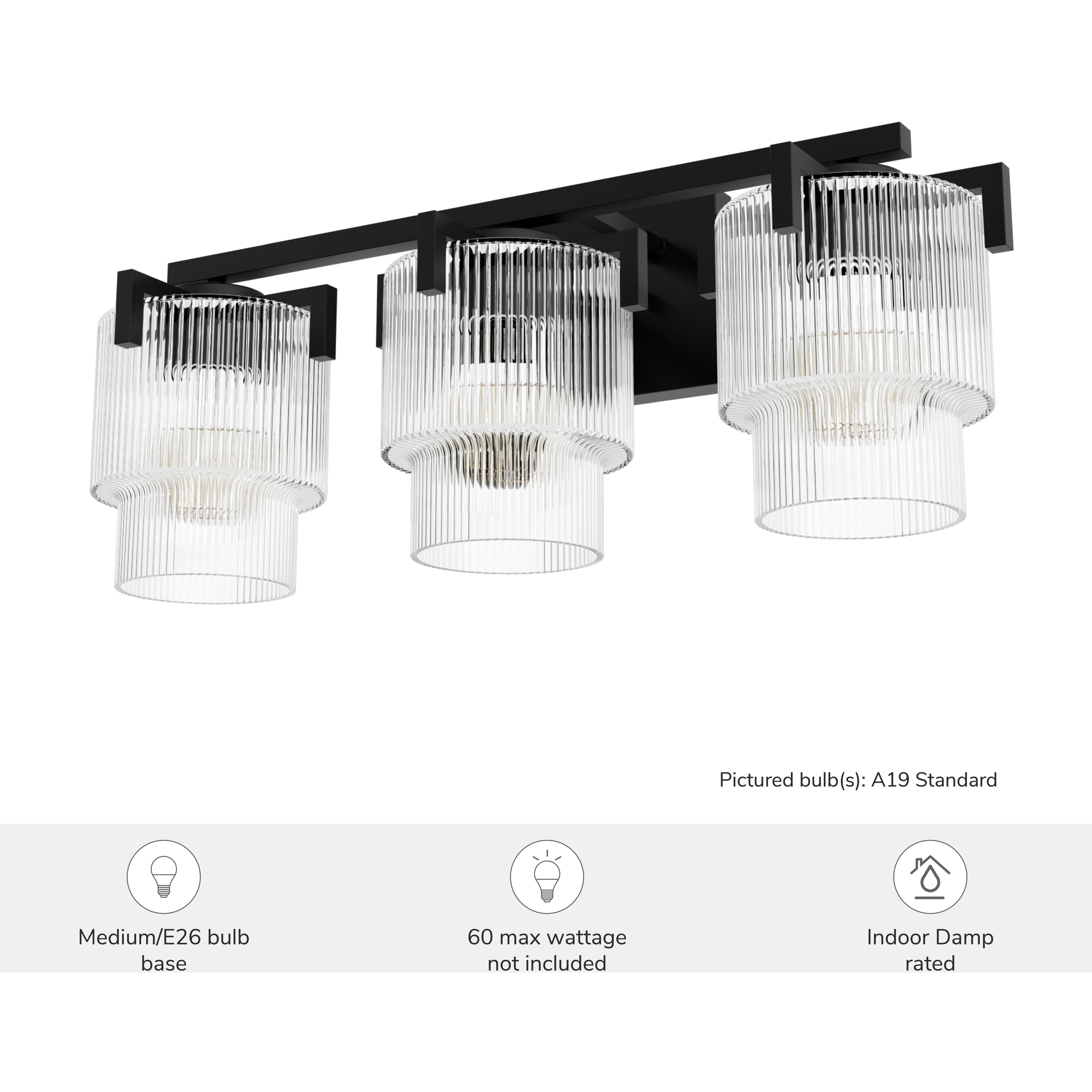 Ontario 3 Light 24.2 inch Matte Black Bathroom Vanity Sconce Wall Light, Medium