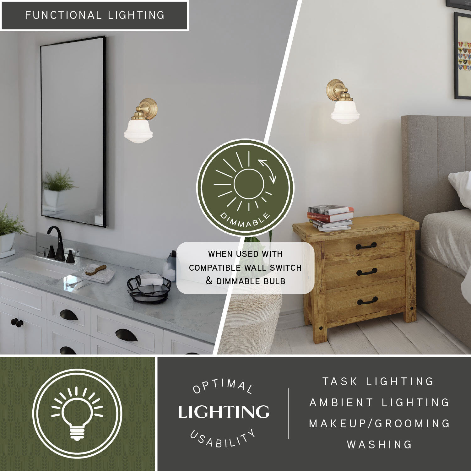 Huntley LED 7 inch Natural Brass Bathroom Light Wall Light