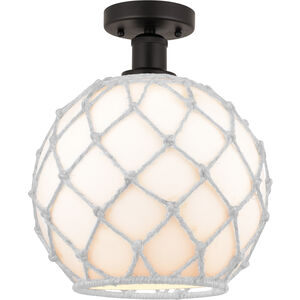 Edison Farmhouse Rope 1 Light 10 inch Oil Rubbed Bronze Semi-Flush Mount Ceiling Light in White Glass with White Rope