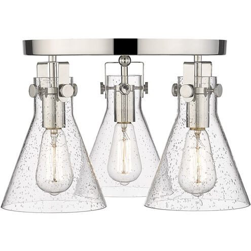 Newton Cone 3 Light 19.63 inch Polished Nickel Flush Mount Ceiling Light in Seedy Glass