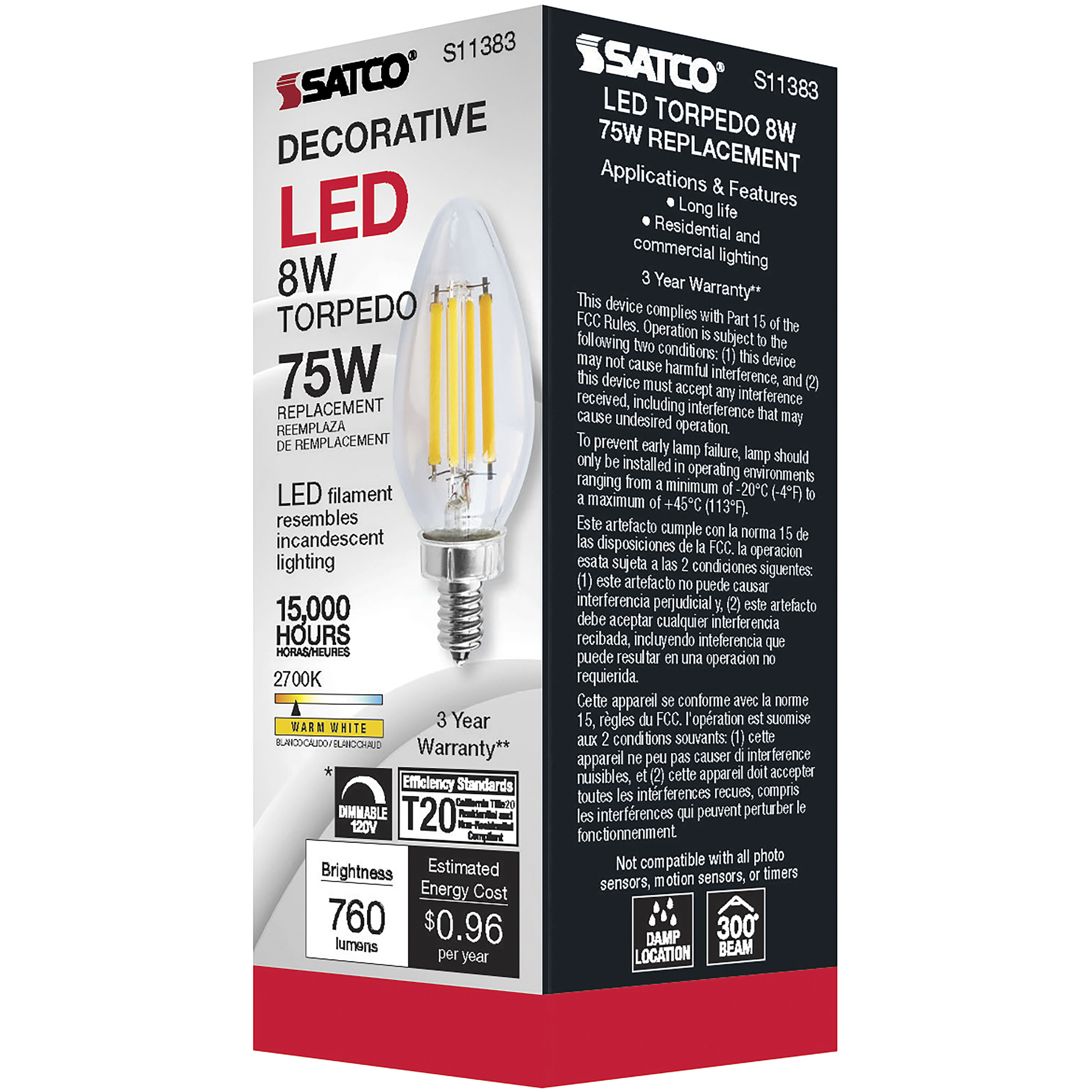 Lumos LED Candelabra 8.00 watt 2700K LED Filament