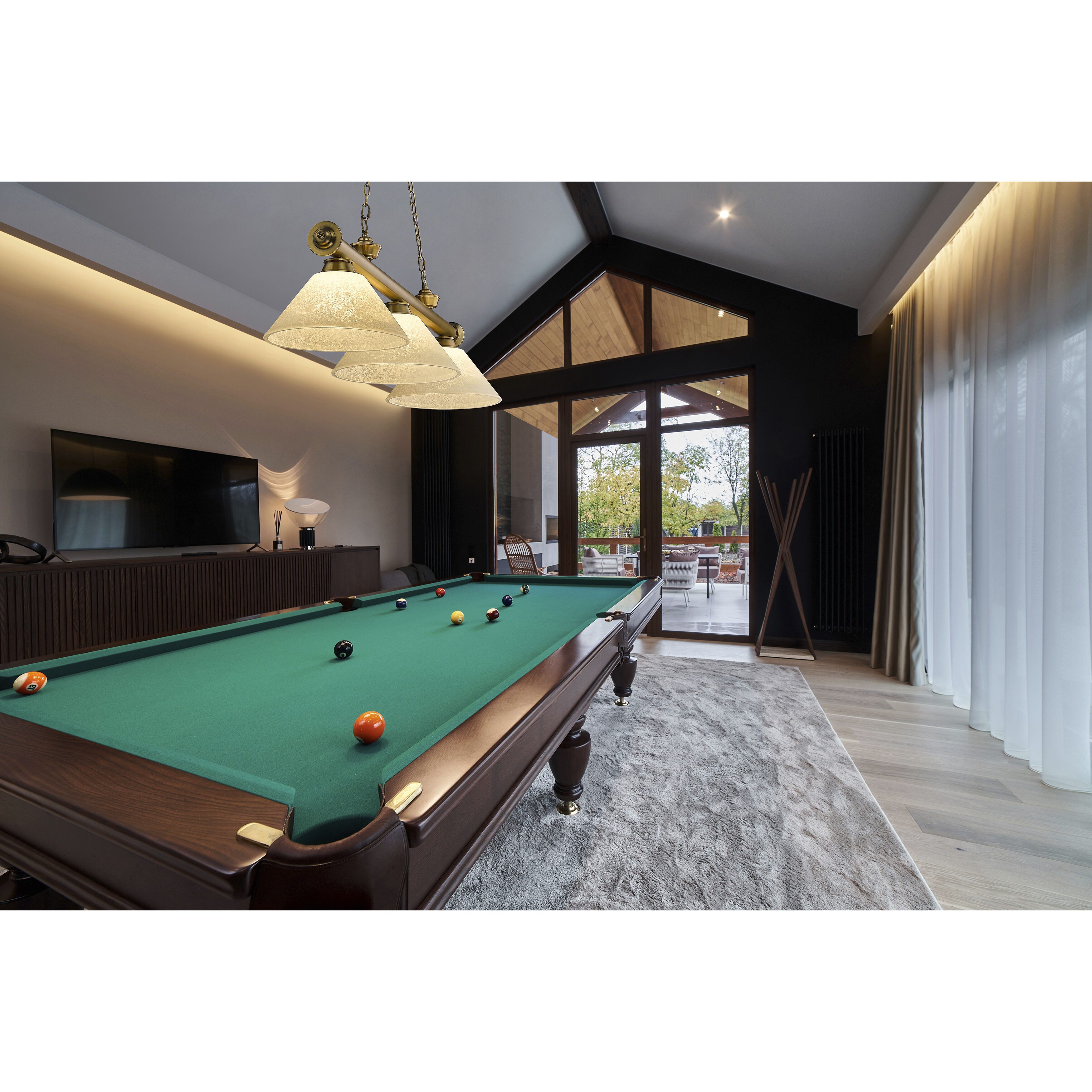 Cordon 3 Light 57.25 inch Rubbed Brass Billiard Ceiling Light in Golden Mottle Glass