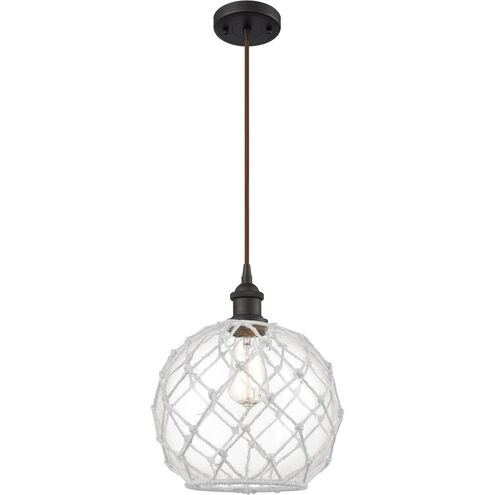 Ballston Large Farmhouse Rope LED 10 inch Oil Rubbed Bronze Mini Pendant Ceiling Light in Clear Glass with White Rope, Black Textured, Ballston