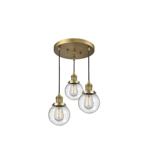 Franklin Restoration Beacon 3 Light 16 inch Brushed Brass Multi-Pendant Ceiling Light in Seedy Glass, Franklin Restoration