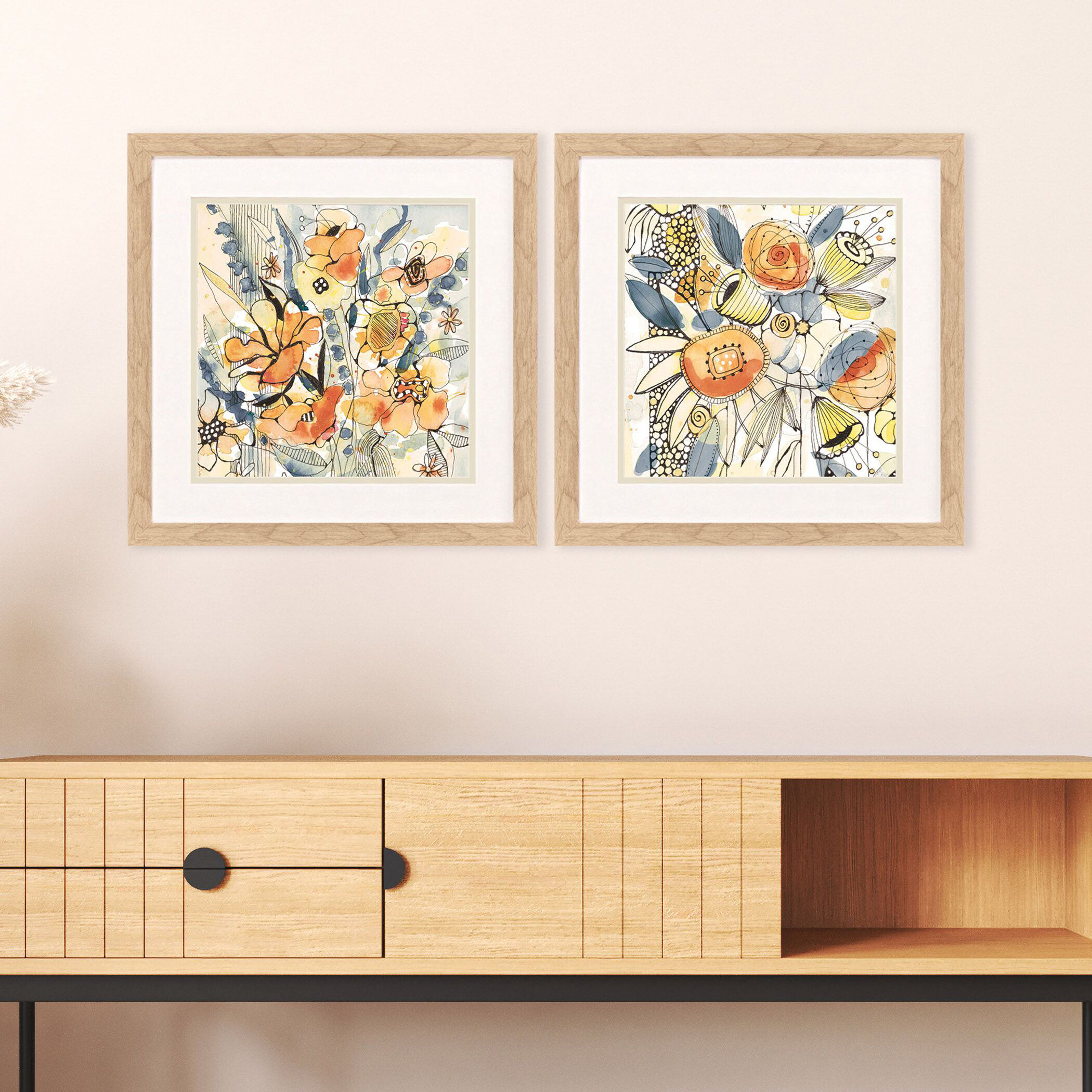 Bursting Wildflowers Orange and Blue and Green and Yellow Framed Art, Propac