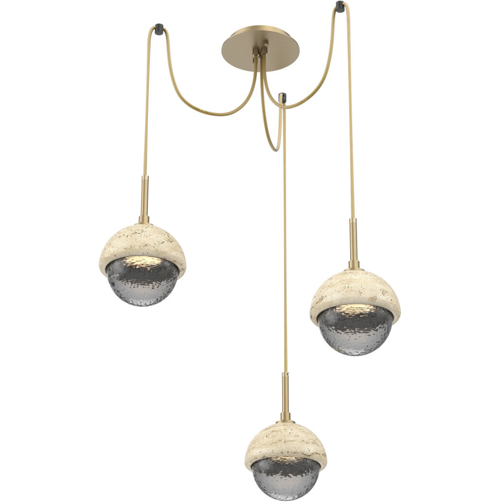 Cabochon LED 14.1 inch Gilded Brass with Travertine Stone Swag Multi-Pendant Ceiling Light in 3000K LED, Smoke