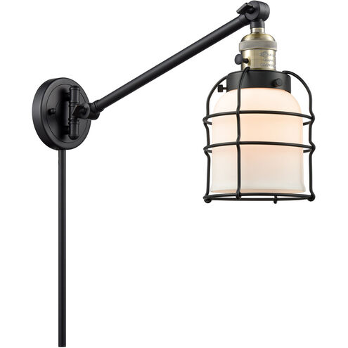 Small Bell Cage 21 inch 3.5 watt Black Antique Brass Swing Arm Wall Light in Matte White Glass, Franklin Restoration
