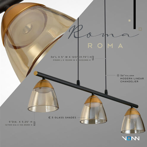 Roma Series 36 inch Black/Gold Linear Chandelier Ceiling Light, Artisan Collection
