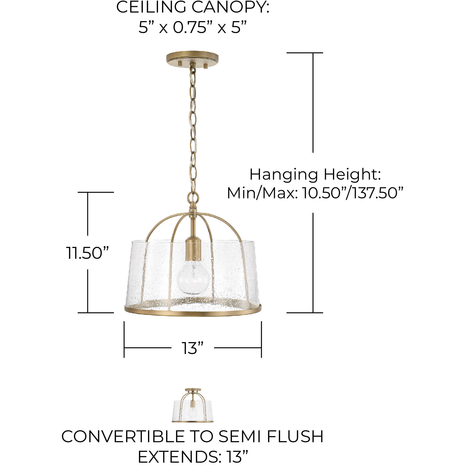 Madison 1 Light 13 inch Aged Brass Semi-Flush Mount Ceiling Light, Convertible Dual Mount