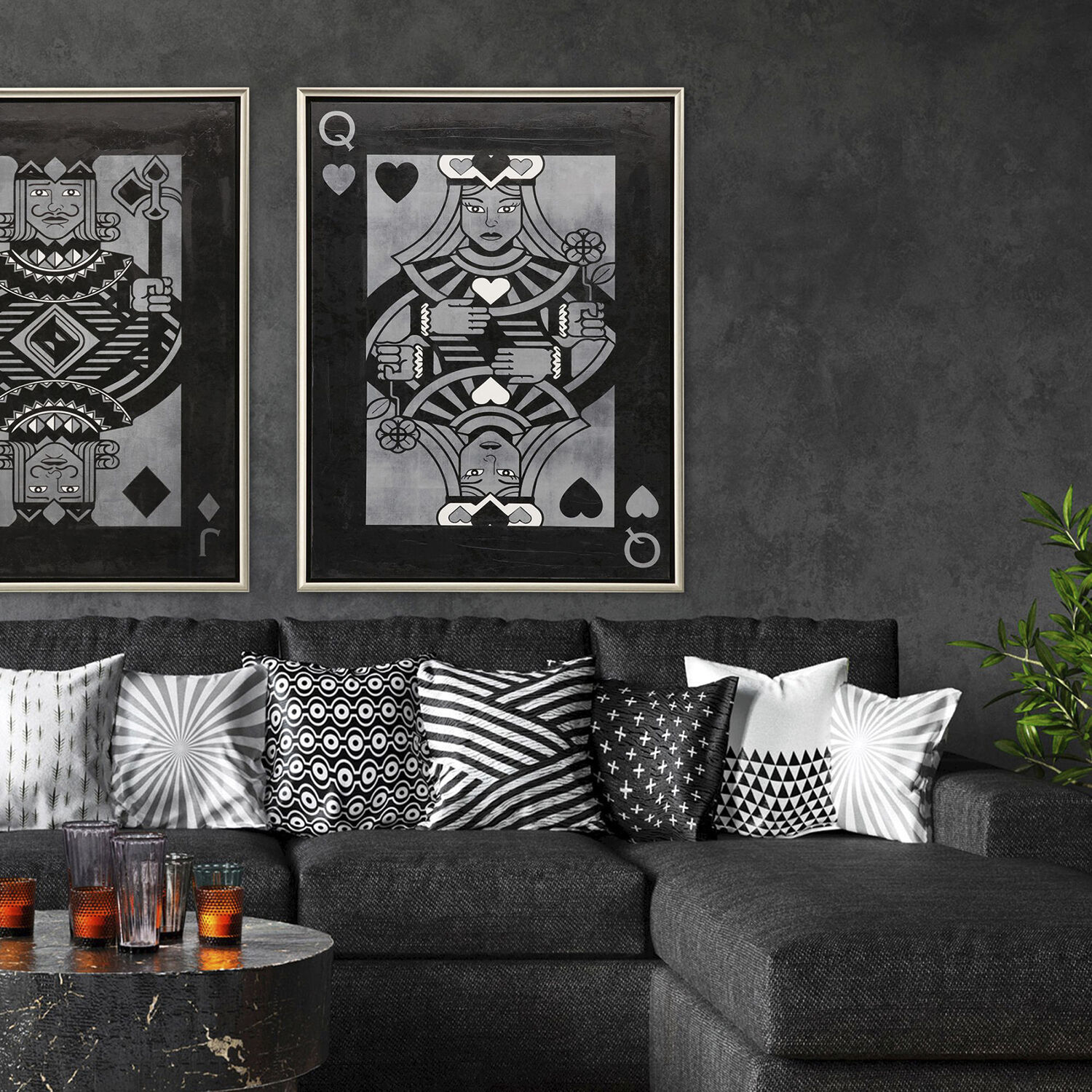 Ace Jack King Queen Black and Metallic and White Canvas