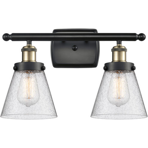 Ballston Small Cone 2 Light 16 inch Black Antique Brass Bath Vanity Light Wall Light in Seedy Glass