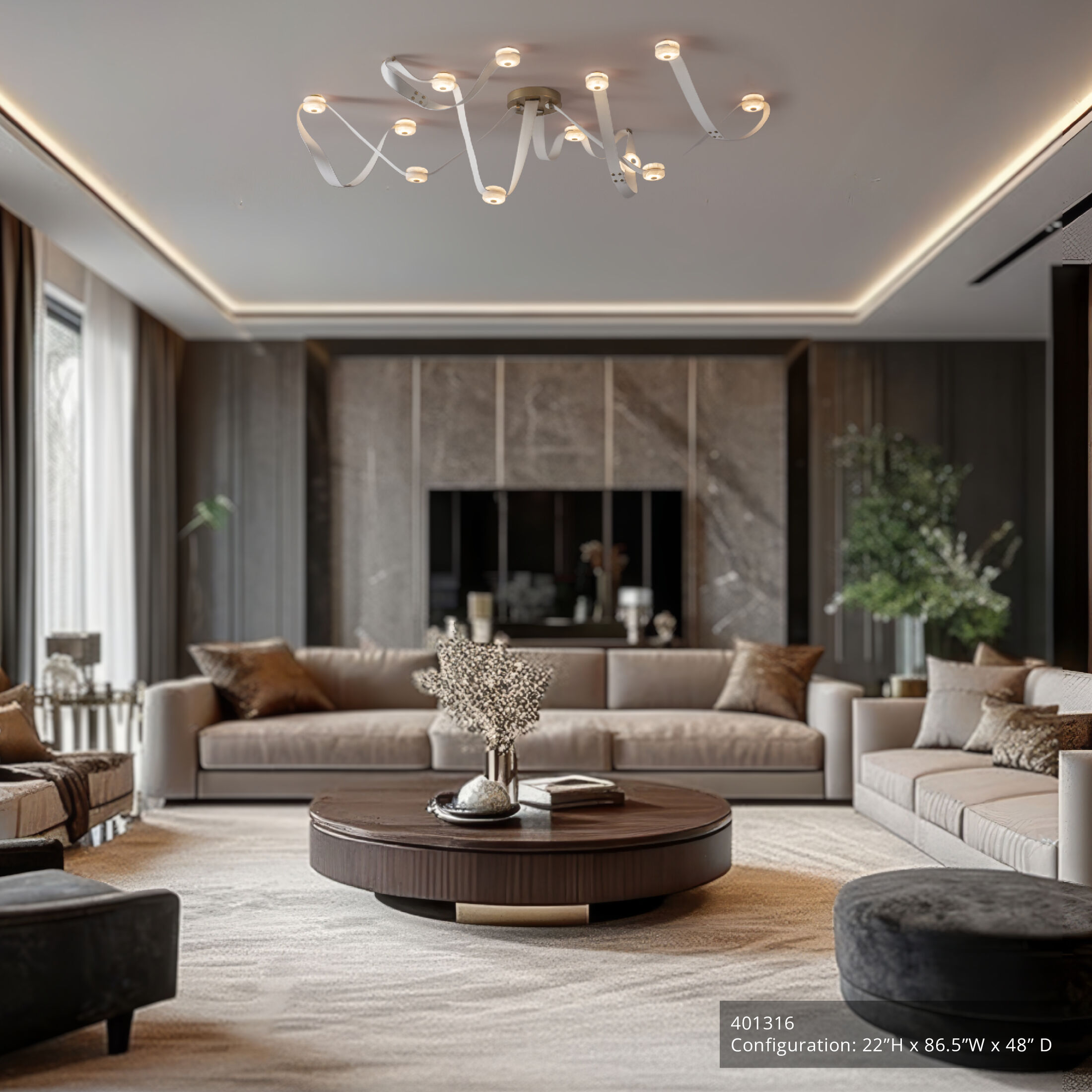 Art & Alchemy SNAPS LED 86.5 inch Modern Brass Pendant Ceiling Light in White Leather with Alabaster, Large