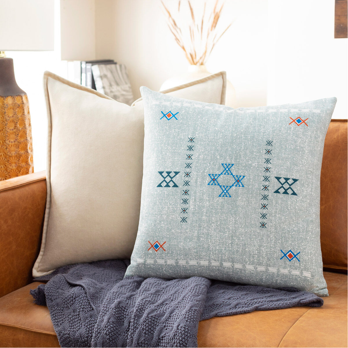 Cactus Silk 18 X 18 inch Denim/White/Teal/Bright Blue/Bright Orange Pillow Kit, Square