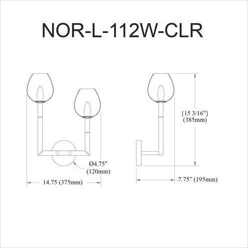 Nora 2 Light 14 inch Matte Black with Clear Decorative Wall Sconce Wall Light, Large