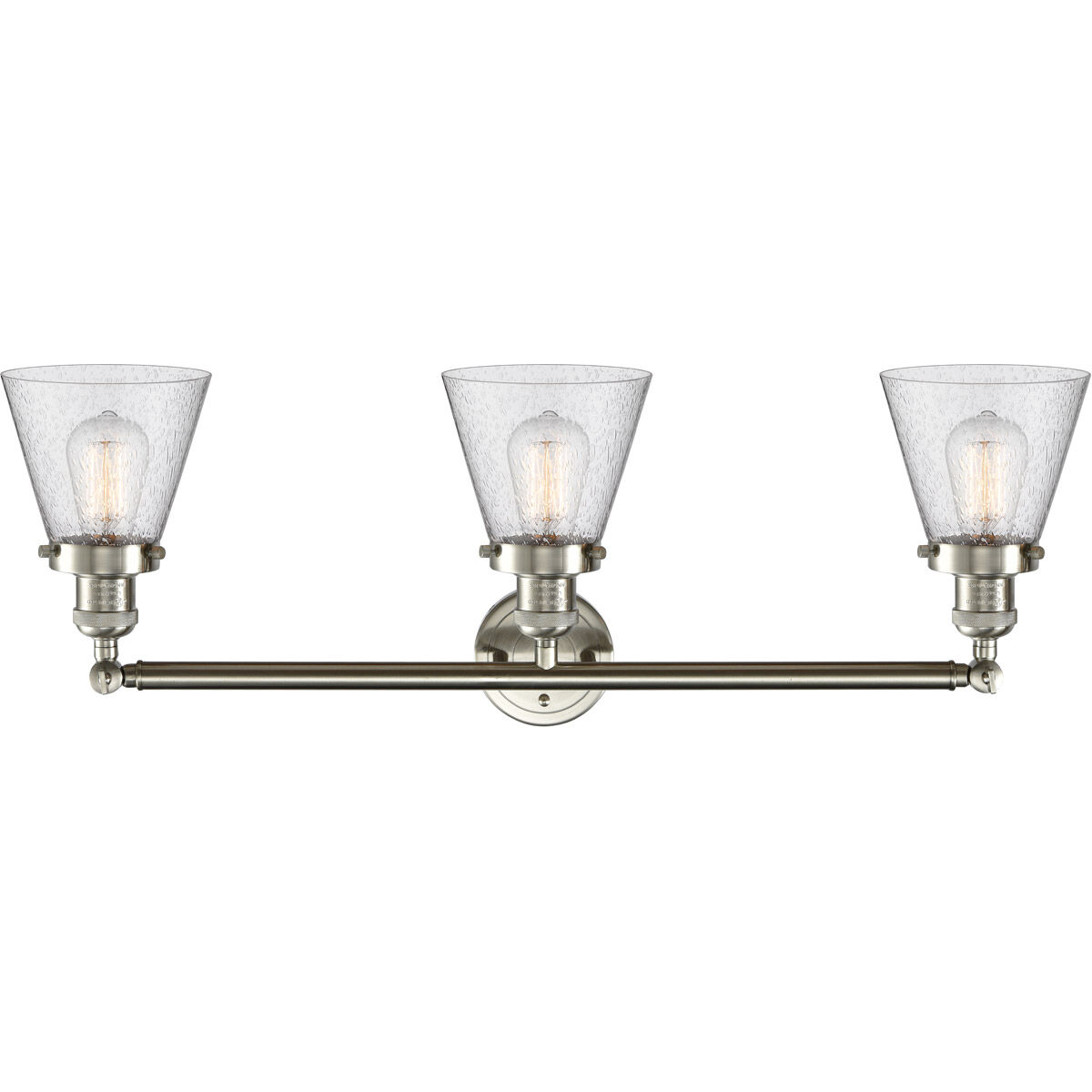 Franklin Restoration Small Cone 3 Light 30 inch Brushed Satin Nickel Bath Vanity Light Wall Light in Seedy Glass, Franklin Restoration