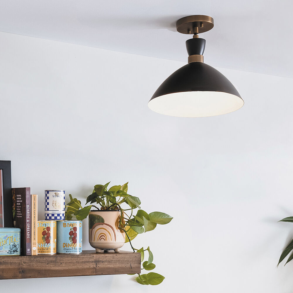 Simon LED 13 inch Black with Heritage Brass accents Pendant Ceiling Light, Semi-Flush Mount